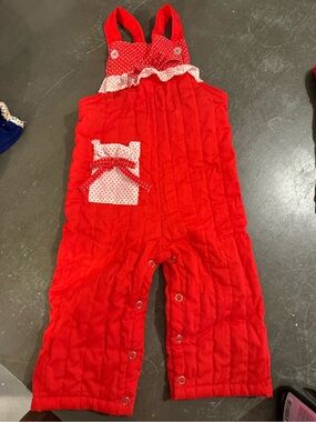 Vintage 1980s Red Quilted Baby Girl One-Piece Overalls
